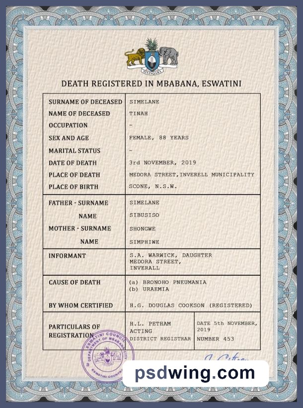 Eswatini Vital Record Death Certificate PSD Template